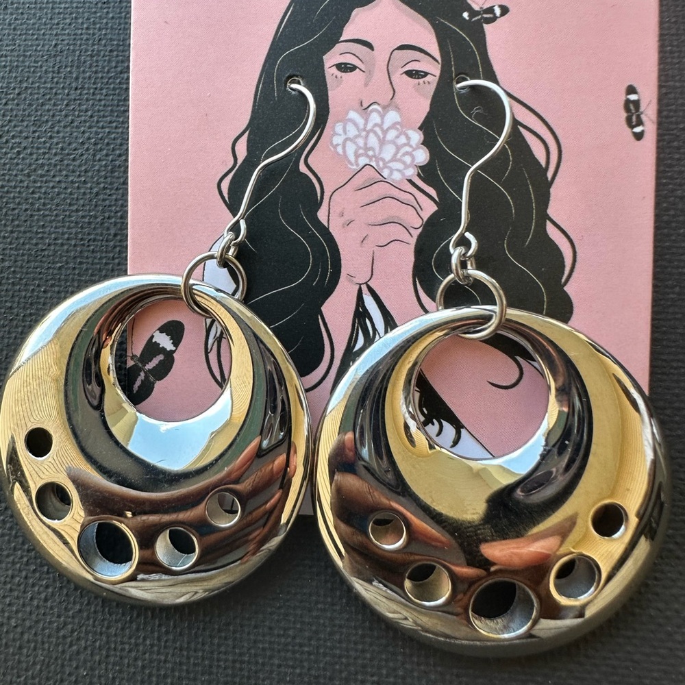 Real Stainless Steel Circle Cut Out Dangle Earrings .